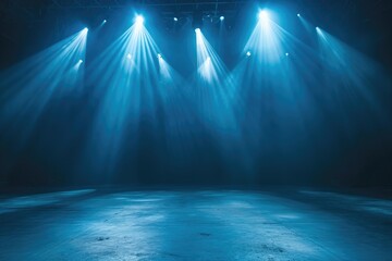 Empty concert stage with illuminated spotlights and smoke - obrazy, fototapety, plakaty