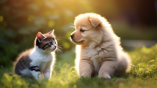 cute puppy and kitten on the grass outdoor