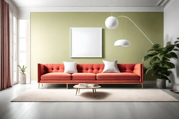 A minimalist haven with a chic sofa, a white frame mockup on a solid color wall, and a burst of bright color, illuminated by the sleek brilliance of a pendant light.