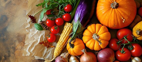 Fototapeta na wymiar Organic farm vegetables, including pumpkin, corn, paprika, tomatoes, onions, and eggplants, on craft paper. Thanksgiving celebration theme.