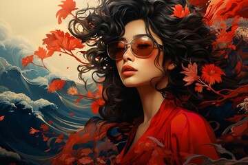 A woman with long curly hair wearing sunglasses and red leaves
