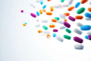 Fototapeta premium Tablets and capsules come in different colours, shapes and sizes and have a white background.