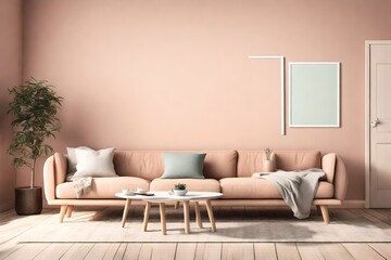 A cozy living room featuring a minimalist design, simple furniture, and a blank white empty frame mockup casting shadows on the pastel-colored walls.