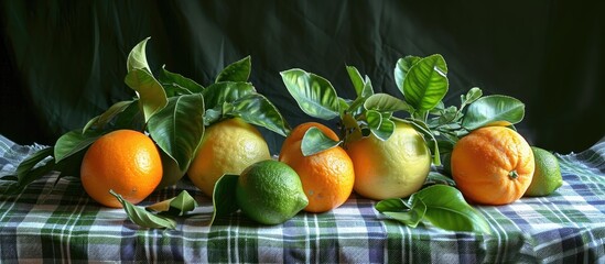 Citrus and greens on a checked tablecloth.
