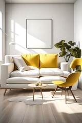 A minimalist living room with a white sectional sofa, a blank white empty frame mockup on the wall, and a bright yellow accent chair. The room is illuminated by natural light.