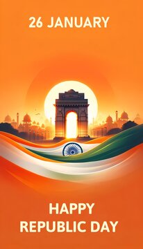 Happy republic day illustration with india gate and wavy flag.