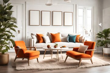 A cozy living room with a comfortable armchair, a blank white empty frame mockup on the wall, and pops of color from vibrant orange throw pillows. The room features a soft, plush rug.
