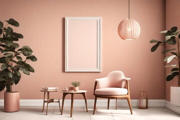 A strikingly simple room mockup with an empty white frame on a serene blush wall, accompanied by a singular terracotta chair, all enhanced by the gentle radiance of a pendant light.