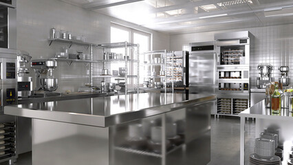 Empty clean stainless steel island table in commercial, professional bakery kitchen with...