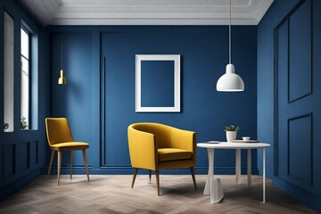 A mockup of simplicity, a blank white frame on a clear indigo wall, enhanced by a solitary mustard chair, all illuminated by a graceful pendant light.