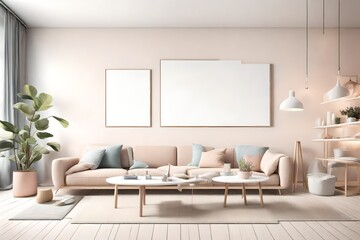 A minimalist living room bathed in natural light, showcasing uncomplicated furniture, a blank white empty frame mockup, and a harmonious blend of soft, pastel colors.