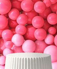 White round podium table, corrugated side with red and pink balloons in background for luxury beauty, cosmetic, skincare, fashion product display 3D. Valentine’s day, love, party, celebration.