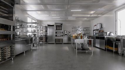 New, clean resin vinyl floor of commercial, professional bakery kitchen, stainless steel...