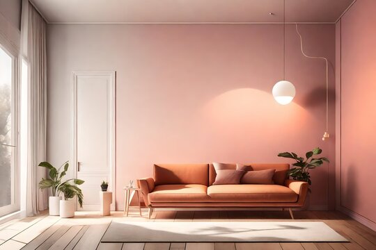 A minimalist masterpiece, featuring a single sofa, a white frame mockup on a solid color wall, and a touch of vibrant color, all bathed in the gentle glow of a sleek pendant light.