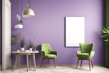 A serene mockup of a beautiful room featuring a blank white canvas on a minimalist lavender wall, complemented by a vibrant green chair, and subtle pendant light.