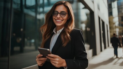 A woman in business attire on a phone call in a modern office , woman, business attire, phone call, modern office