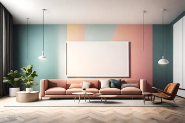 A visually stunning minimalist lounge space with a sleek sofa, a blank white frame mockup against a solid color wall, and a lively burst of color, softly illuminated by a pendant light.