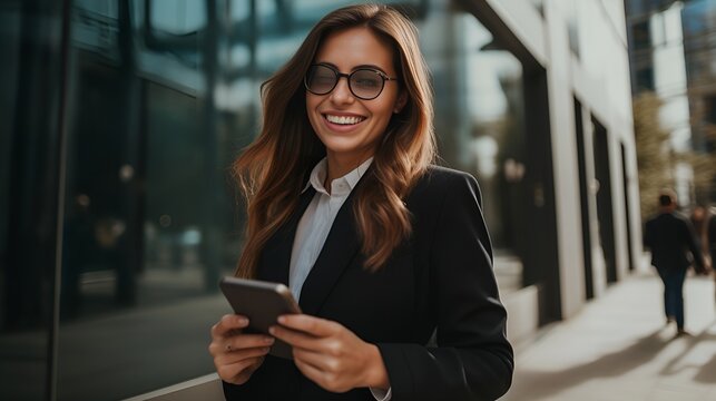 A woman in business attire on a phone call in a modern office , woman, business attire, phone call, modern office
