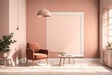 An inviting room mockup with an empty white frame on a serene blush wall, accompanied by a singular terracotta chair, all enhanced by the gentle radiance of a pendant light.