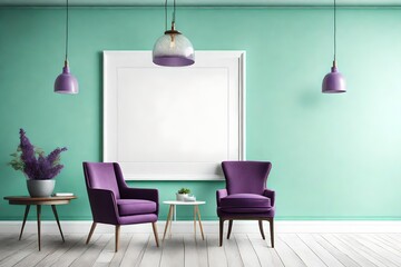 A strikingly simple room design, a blank white empty frame mockup on a clear mint-green wall, adorned with a solitary purple accent chair, lit by a chic pendant light.