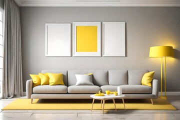 A modern living room with a sleek gray sofa, a blank white empty frame mockup on the wall, and bright yellow accent pillows. The room is illuminated by a contemporary floor lamp.