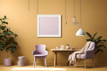 Fototapeta na wymiar A tranquil room mockup showcasing a blank white frame on a muted mustard wall, adorned with a single lilac chair, and softly illuminated by a pendant light.
