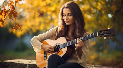 A woman in casual attire playing a musical instrument , woman, casual attire, playing, musical instrument - obrazy, fototapety, plakaty