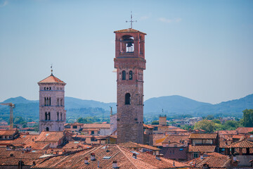 Aerial view of ancient building with red roofs in Lucca - obrazy, fototapety, plakaty