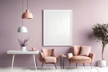 An elegant interior mockup featuring a blank white frame against a pale lavender wall, complemented by a subtle peach chair, and lit by the subtle warmth of a pendant light.