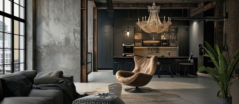 Metal chair and chandelier in stylish apartment.