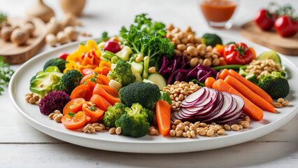 a delightful veg food plate on a white wooden table at a restaurant, showcasing a vibrant assortment of colorful vegetables, grains, and plant-based proteins