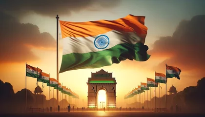 Tuinposter Wavy flag of india above india gate against a sunset sky. © Milano