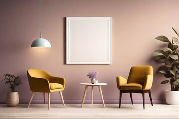 A serene room mockup showcasing a blank white frame on a muted mustard wall, adorned with a single lilac chair, and softly illuminated by a pendant light.
