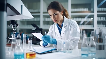 A woman in a lab coat conducting experiments , woman, lab coat, conducting experiments