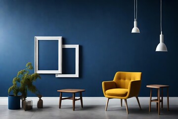 A mockup of simplicity, a blank white frame on a clear indigo wall, enhanced by a solitary mustard chair, all illuminated by a graceful pendant light.