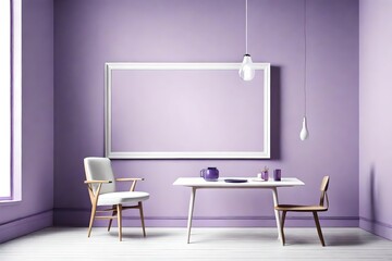 A minimalist masterpiece, a blank white empty frame on a serene lilac wall, accentuated by a single navy chair, all bathed in the glow of a contemporary pendant light.
