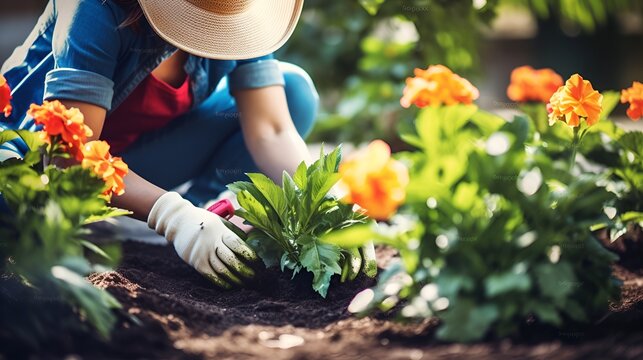 A woman in gardening gloves planting flowers in a garden , woman, gardening gloves, planting, flowers