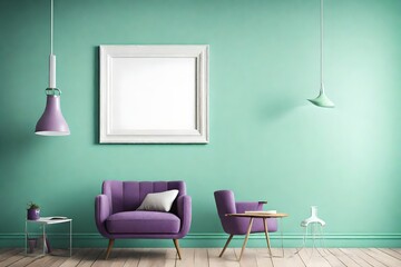 A strikingly simple room design, a blank white empty frame mockup on a clear mint-green wall, adorned with a solitary purple accent chair, lit by a chic pendant light.