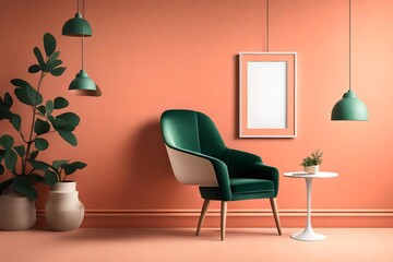 A strikingly simple interior mockup showcasing a blank white frame on a clear coral wall, adorned with a single forest green chair, and lit by the subtle warmth of a pendant light.