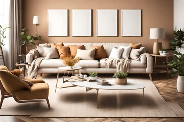 A cozy living room with a warm color palette. It features a comfortable beige couch, a blank white empty frame mockup on the wall, and pops of color from decorative pillows.