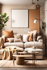 A cozy living room with a warm color palette. It features a comfortable beige couch, a blank white empty frame mockup on the wall, and pops of color from vibrant throw blankets.