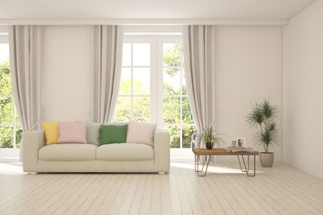 White living room with sofa and summer landscape in window. Scandinavian interior design. 3D illustration
