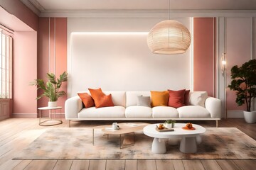 A strikingly beautiful minimalist lounge area boasting a sleek sofa, a white frame mockup on a solid color wall, and a splash of lively color, softly lit by the modern charm of a pendant light.