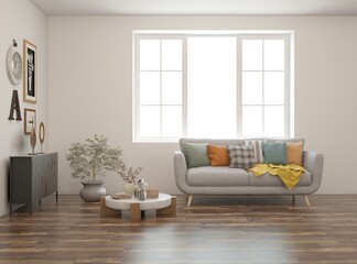 White living room with sofa. Scandinavian interior design. 3D illustration
