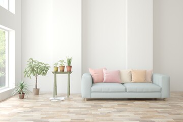 White scandinavian interior design with sofa. 3D illustration - obrazy, fototapety, plakaty