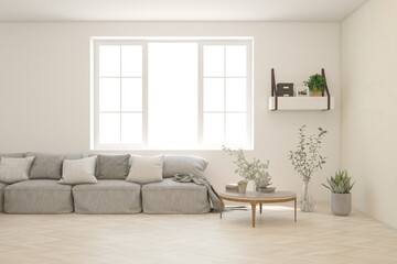 White living room with sofa. Scandinavian interior design. 3D illustration