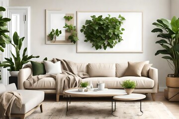 A serene living room with a neutral color scheme. It features a simple beige couch, a blank white...