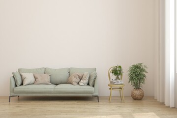 Modern minimalist interior with sofa on empty white color wall background. Interior mockup. Scandinavian interior design. 3D illustration