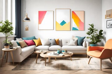 A living room captured in simplicity, featuring unembellished furniture, a blank white empty frame mockup, and a burst of bright colors that infuse the space with energy.