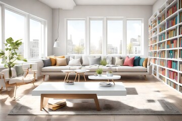 A bright and airy living room with large windows, a simple white coffee table, and a blank white...